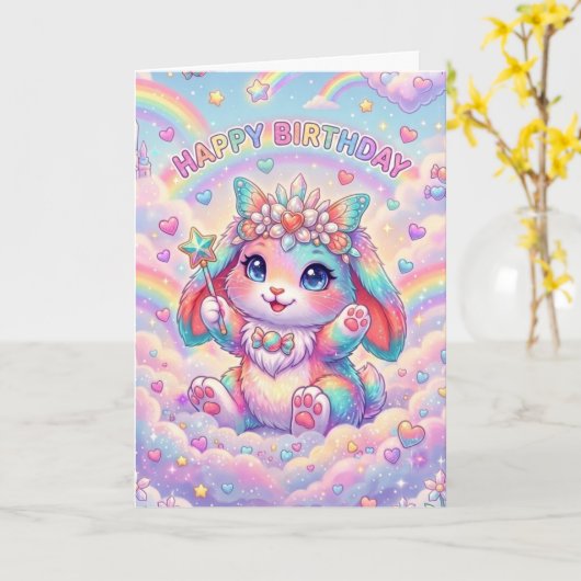 Magical Rainbow Bunny Birthday Whimsical Childrens カード (黄色い花)