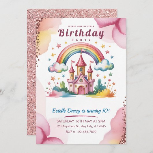 Magical Rainbow Castle 10th Birthday Invitation 招待状 (正面/裏面)