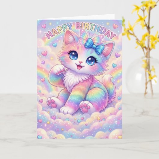 Magical Rainbow Kitten Children's Whimsical  カード (黄色い花)
