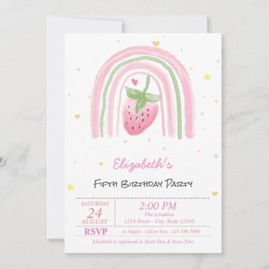 Magical Rainbow Strawberry Stars Birthday  招待状 (正面)