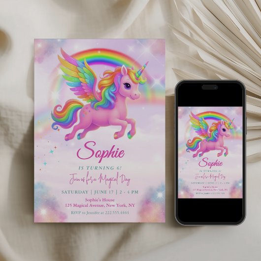 Magical Rainbow Unicorn Birthday Invitation 招待状