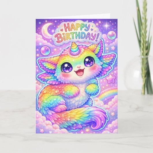 Magical Rainbow Unicorn Cat Happy Birthday Kitty カード (正面)