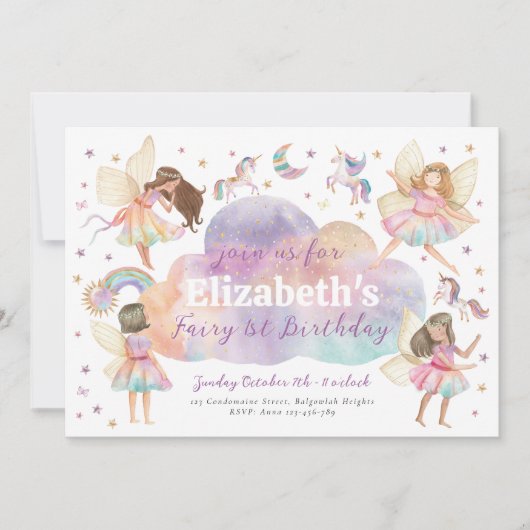 Magical Rainbow Unicorn Fairy First Birthday 招待状 (正面)