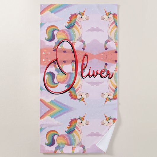 Magical Rainbow Unicorn name Personalized  ビーチタオル (正面)