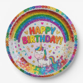 Magical Rainbow Unicorn Sequin Print Birthday ペーパープレート (正面)
