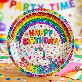 Magical Rainbow Unicorn Sequin Print Birthday ペーパープレート