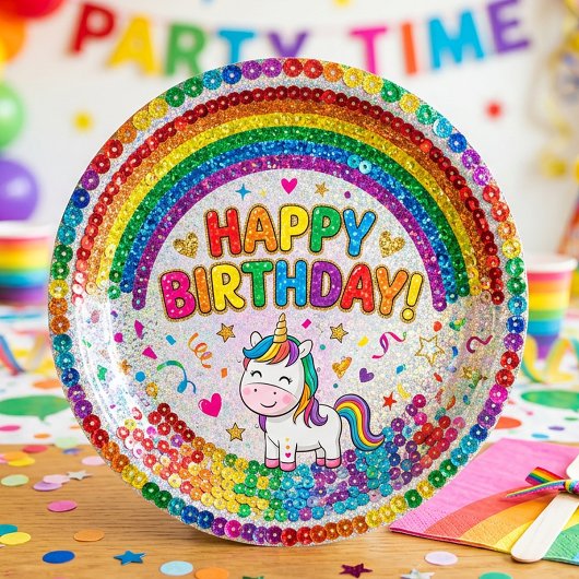 Magical Rainbow Unicorn Sequin Print Birthday ペーパープレート
