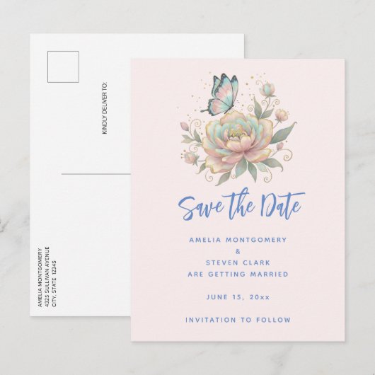 Magical Rose and Butterfly Pastel Colors Wedding 案内ポストカード (正面/裏面)