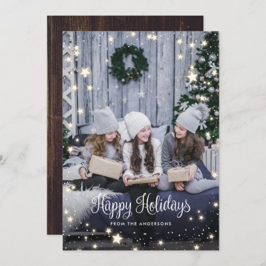 Magical Rustic Wood Snow Stars Photo Holiday Card シーズンカード (正面/裏面)