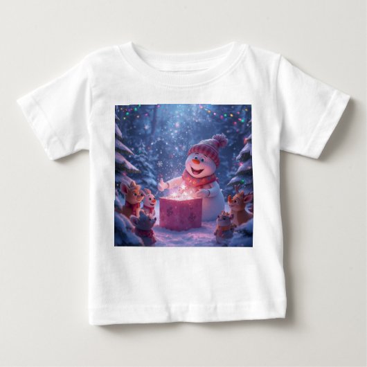 Magical Snowman Christmas Gift Scene ベビーTシャツ (正面)