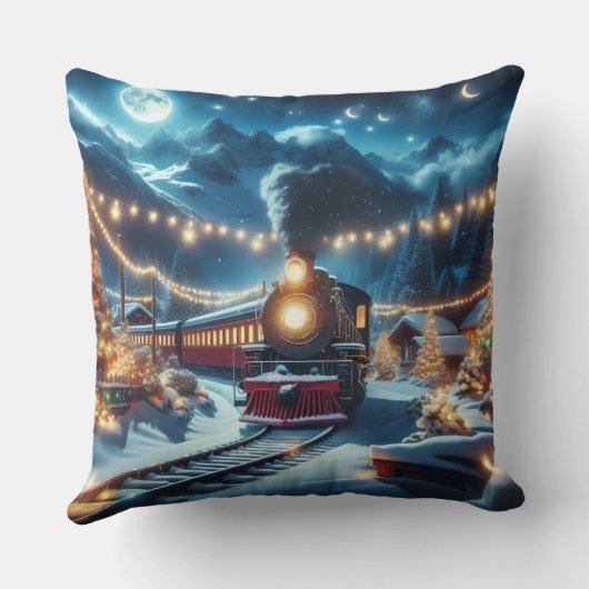 Magical Snowy Christmas Train Winter Scene クッション (裏面)