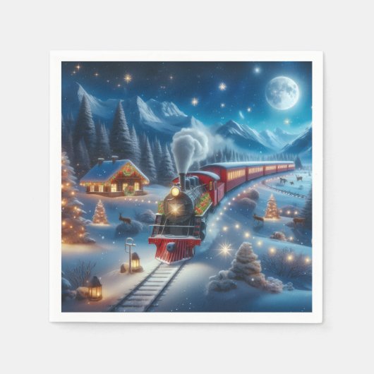 Magical Snowy Christmas Train Winter Scene スタンダードカクテルナプキン (正面)