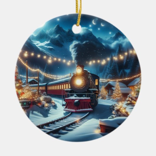 Magical Snowy Christmas Train Winter Scene セラミックオーナメント (正面)