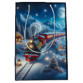 Magical Snowy Christmas Train Winter Scene ミディアムペーパーバッグ (正面)
