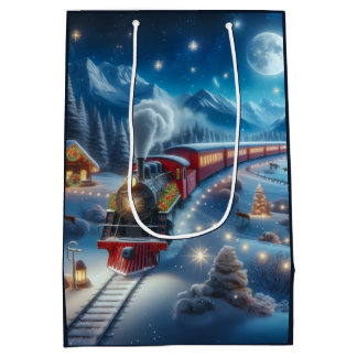 Magical Snowy Christmas Train Winter Scene ミディアムペーパーバッグ