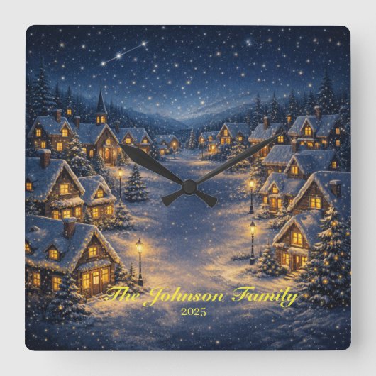 Magical Snowy Christmas village at night スクエア壁時計 (正面)