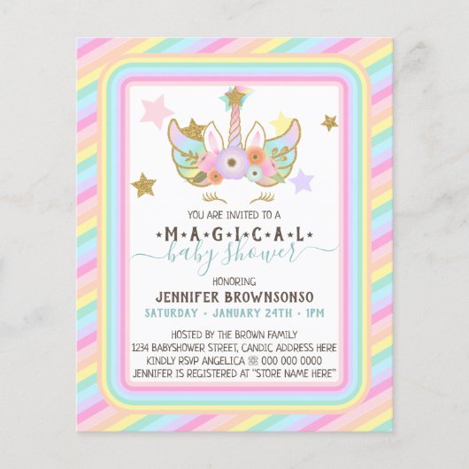 Magical Stars Rainbow Baby Shower Unicorn Invite チラシ (正面)