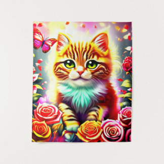 "Magical Tabby Cat with Roses and Butterfly Art Pr タペストリー