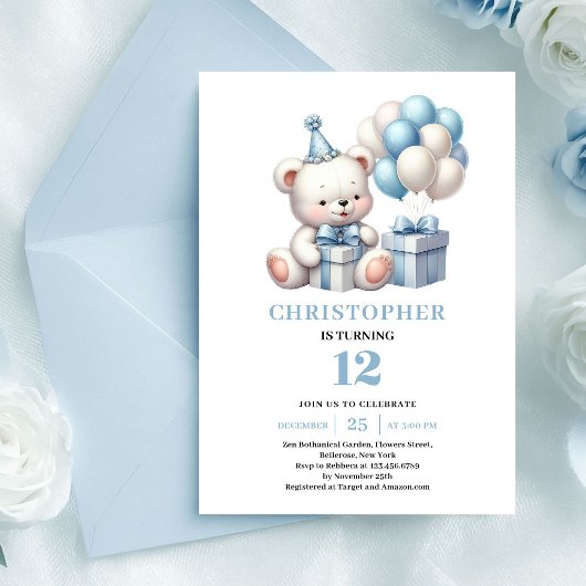Magical teddy bear dusty blue boy birthday invite 招待状