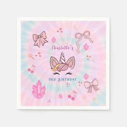 Magical Tie Dye Unicorn Coquette Bow Birthday スタンダードカクテルナプキン (正面)