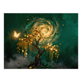 Magical Tree with Butterfly and Swirling Galaxy フォトプリント