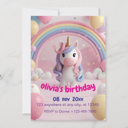 Magical Unicorn 誕生日パーティー招待状 | Birthd 招待状 (正面)