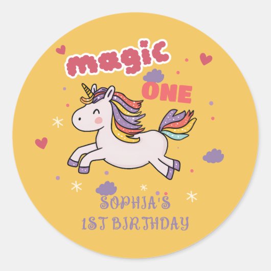 Magical Unicorn 1st Birthday Invitation ラウンドシール (正面)
