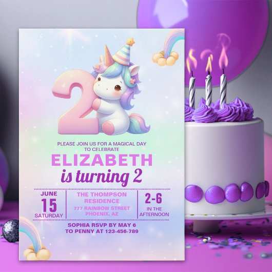 Magical Unicorn 2nd Birthday Invitation for Girls 招待状