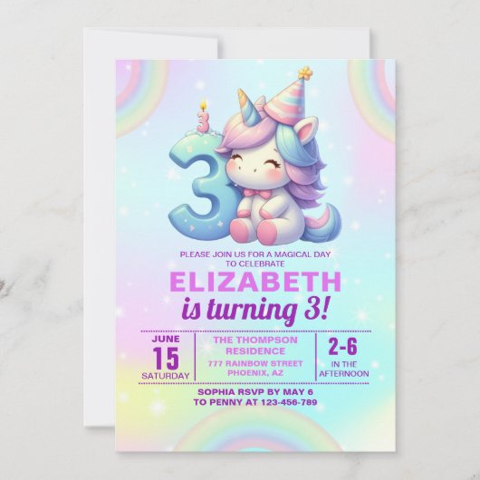Magical Unicorn 3rd Birthday Invitation – Rainbow  招待状 (正面)