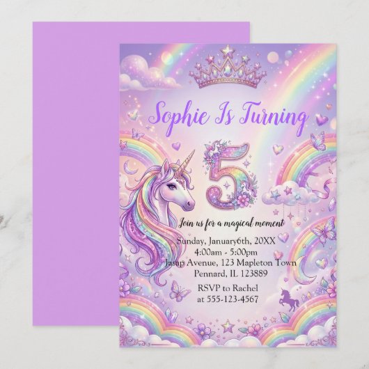 Magical Unicorn 5th Birthday 招待状 (正面/裏面)