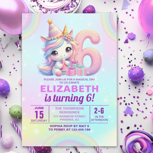 Magical Unicorn 6th Birthday – Rainbow 招待状