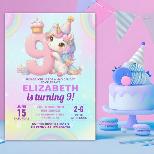 Magical Unicorn 9th Birthday for Girls 招待状