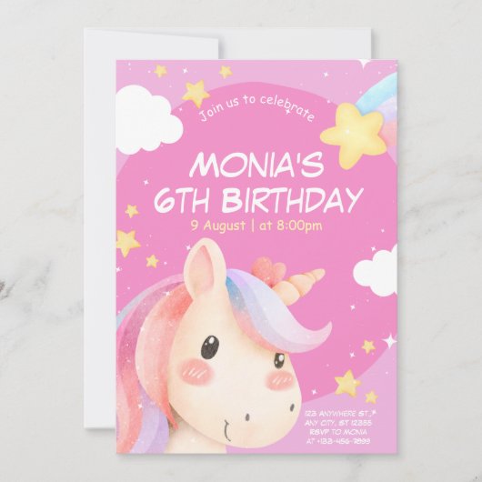 Magical Unicorn Birthday Invitation for Kids 招待状 (正面)