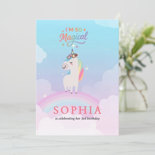 “Magical Unicorn Birthday Invitation with Rainbow  招待状 (スタンド正面)