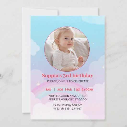 “Magical Unicorn Birthday Invitation with Rainbow  招待状 (裏面)