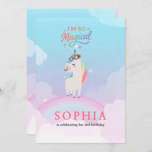 “Magical Unicorn Birthday Invitation with Rainbow  招待状 (正面/裏面)