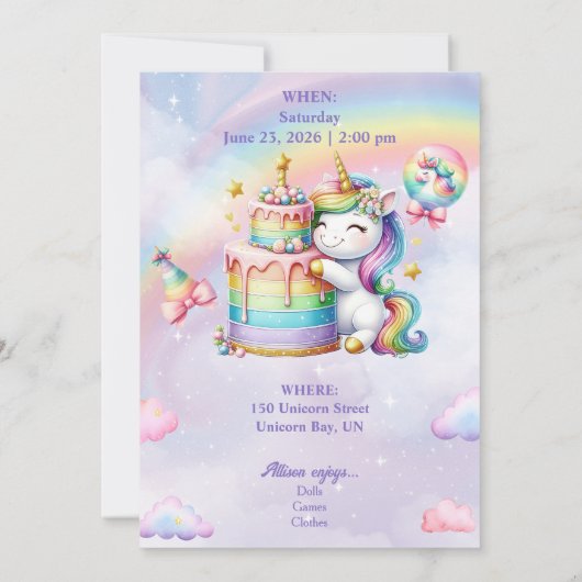 Magical Unicorn Birthday Party Invitation 招待状 (裏面)