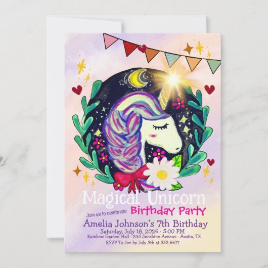 Magical Unicorn Birthday Party Invitation 招待状 (正面)