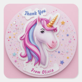 Magical Unicorn Birthday Thank You Stickers – Girl スクエアシール