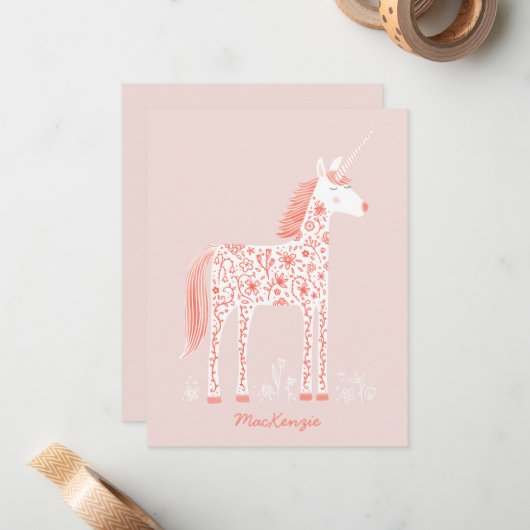 Magical Unicorn Blush Pink Personalized Name ノートカード (正面/裏面インサイチュ)