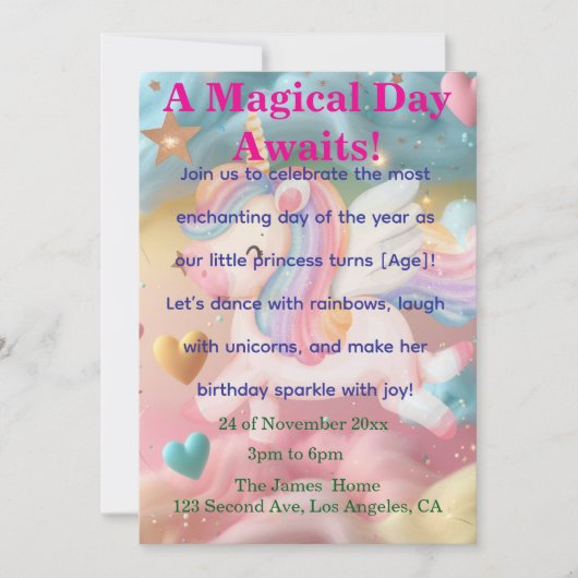 Magical Unicorn Dream Birthday Invitation  招待状 (正面)