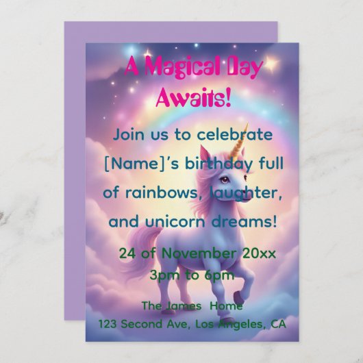 Magical Unicorn Dream Birthday Invitation 招待状 (正面/裏面)