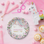 Magical Unicorn Pink Flower 1st birthday ペーパープレート (パーティー)