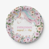 Magical Unicorn Pink Flower 1st birthday ペーパープレート (正面)