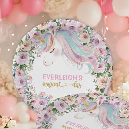 Magical Unicorn Pink Flower 1st birthday ペーパープレート