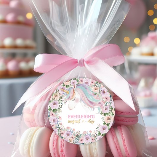 Magical Unicorn Pink Flower 1st birthday ラウンドシール