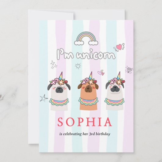 Magical Unicorn Pug Birthday Invitation 招待状 (正面)