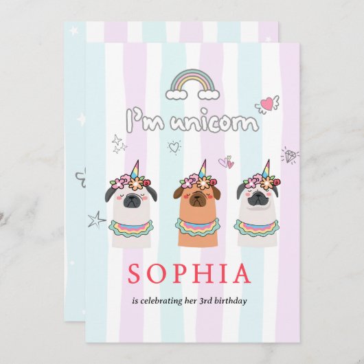 Magical Unicorn Pug Birthday Invitation 招待状 (正面/裏面)