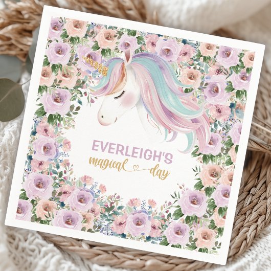 Magical Unicorn Purple Flower 1st birthday スタンダードカクテルナプキン