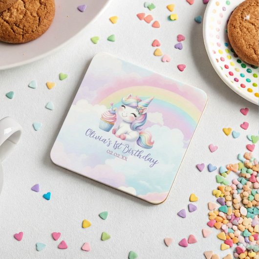 Magical Unicorn Rainbow Birthday Party Coaster スクエアペーパーコースター